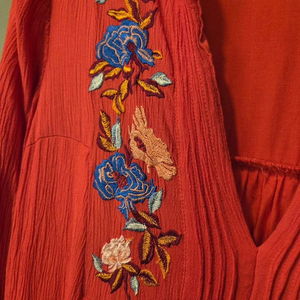 Free People Mia Embroidered Gauze Mini Dress Long Sleeve Boho, Size S, Red